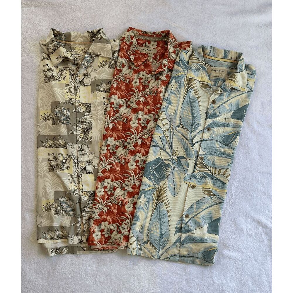 Tommy Bahama 100% Silk Hawaiian Camp Shirts Lot of Three, Red/Blue, Size L, EUC